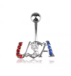 Серьга-банан из стали с надписью "USA" и фианитами для пирсинга пупка PiercedFish NLSP202