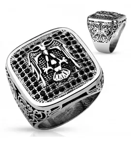 Перстень мужской из стали Spikes R-H9834 с орлом и фианитами