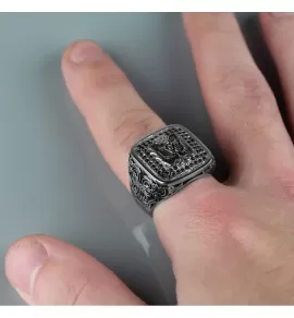 Перстень мужской из стали Spikes R-H9834 с орлом и фианитами