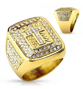 Перстень мужской из стали Spikes --R-H9901 с крестом и фианитами