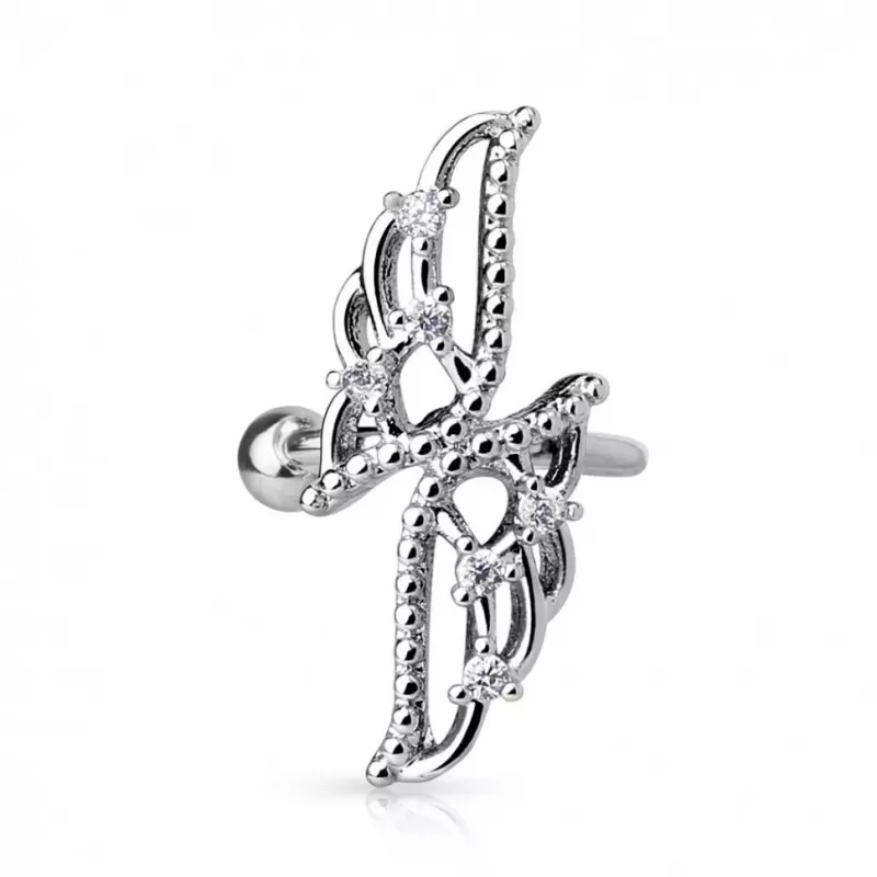 Серьга кафф (клипса) на хрящ уха, хеликс с бабочкой и фианитами TATIC EC14742-C имитация пирсинга хряща уха