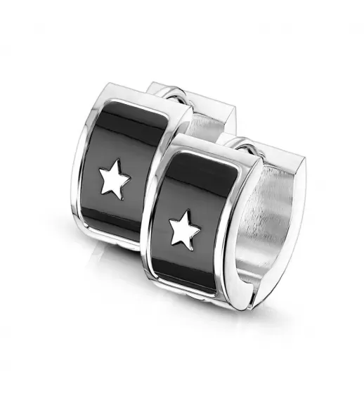 Круглые серьги из стали со звездой и черной эмалью Spikes SE3533