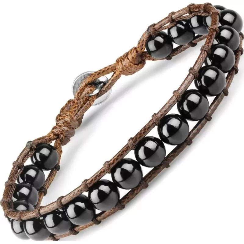 Плетеный браслет Everiot Select из вощеного шнура и агата LNS-3115 со знаком "Ом"