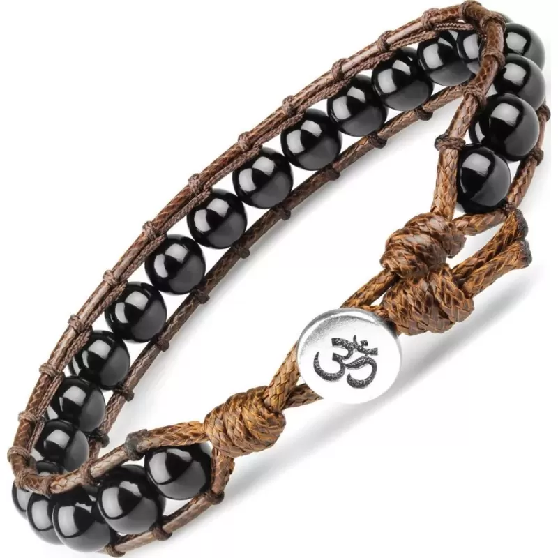 Плетеный браслет Everiot Select из вощеного шнура и агата LNS-3115 со знаком "Ом"