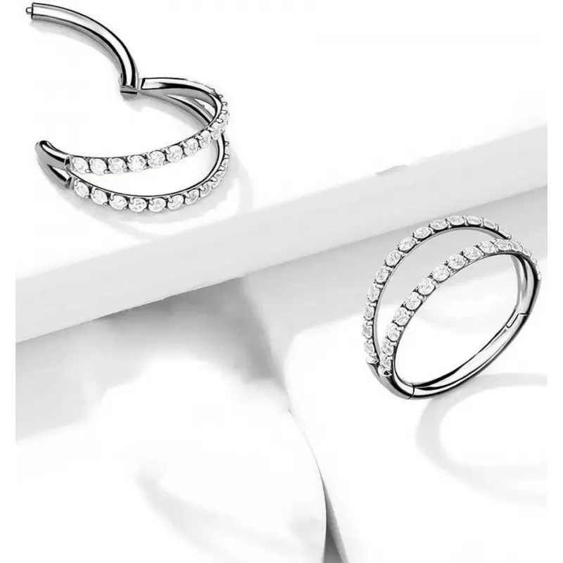 Двойное кольцо кликер из титана с фианитами Pirslab RHT73, пирсинг-серьга для хряща уха, трагуса и хеликса, брови, губ, носа, пупка