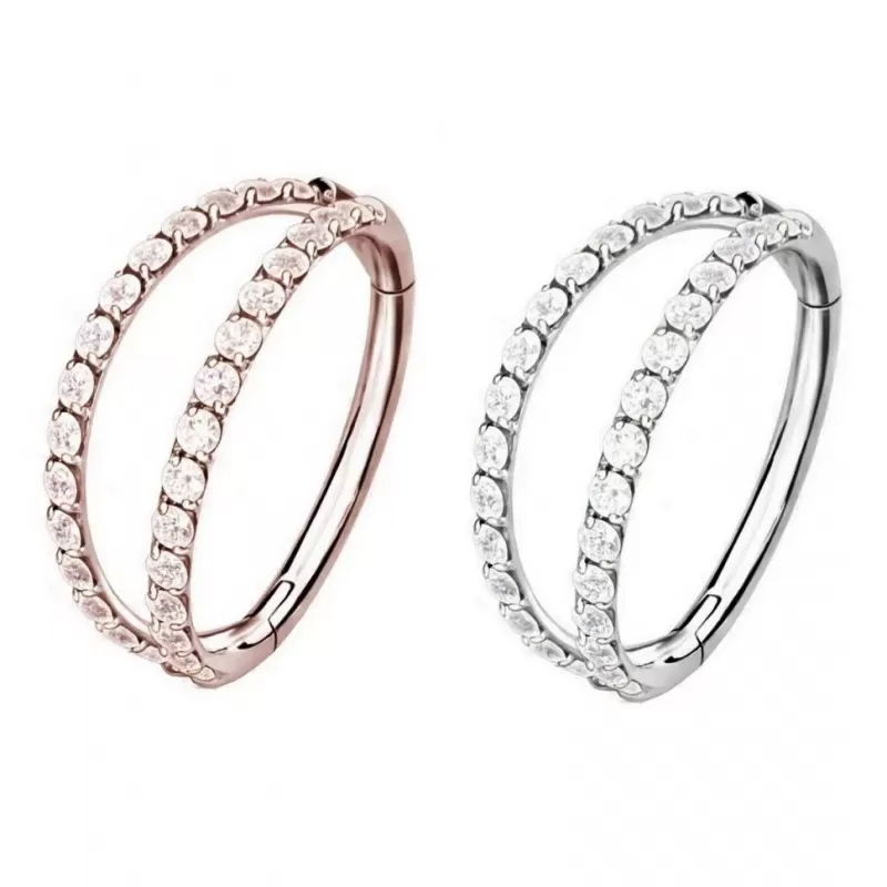 Двойное кольцо кликер из титана с фианитами Pirslab RHT73, пирсинг-серьга для хряща уха, трагуса и хеликса, брови, губ, носа, пупка