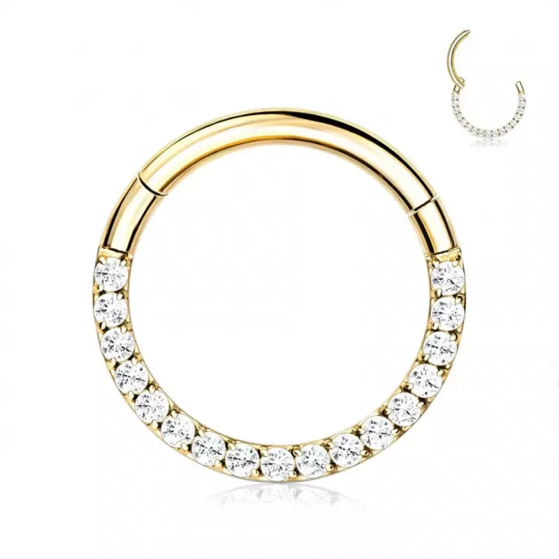 Кольцо кликер из титана с фианитами Pirslab RHT42 серьга для пирсинга септума, трагуса и хеликса, брови, губ (диаметр от 6 мм до 10 мм), желтое золото