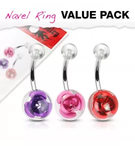 Набор из трех штанг для пирсинга пупка PiercedFish VN-025 с розами в акриловых шариках