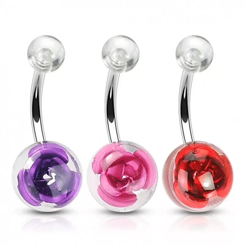 Набор из трех штанг для пирсинга пупка PiercedFish VN-025 с розами в акриловых шариках