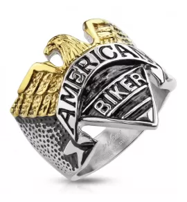 Перстень мужской из стали Spikes R-S1006 байкерский с орлом и надписью