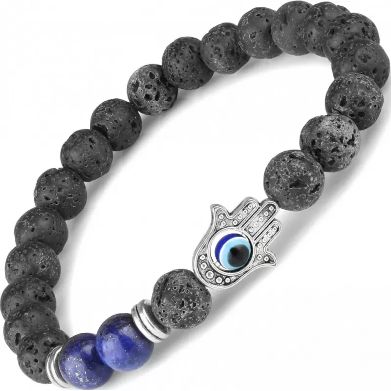 Браслет Everiot STB-MJ-1767 из лавы и лазурита с символом Хамса