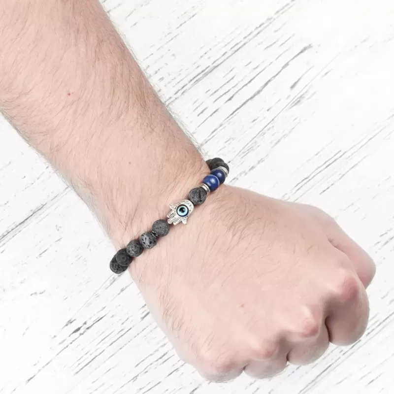Браслет Everiot STB-MJ-1767 из лавы и лазурита с символом Хамса