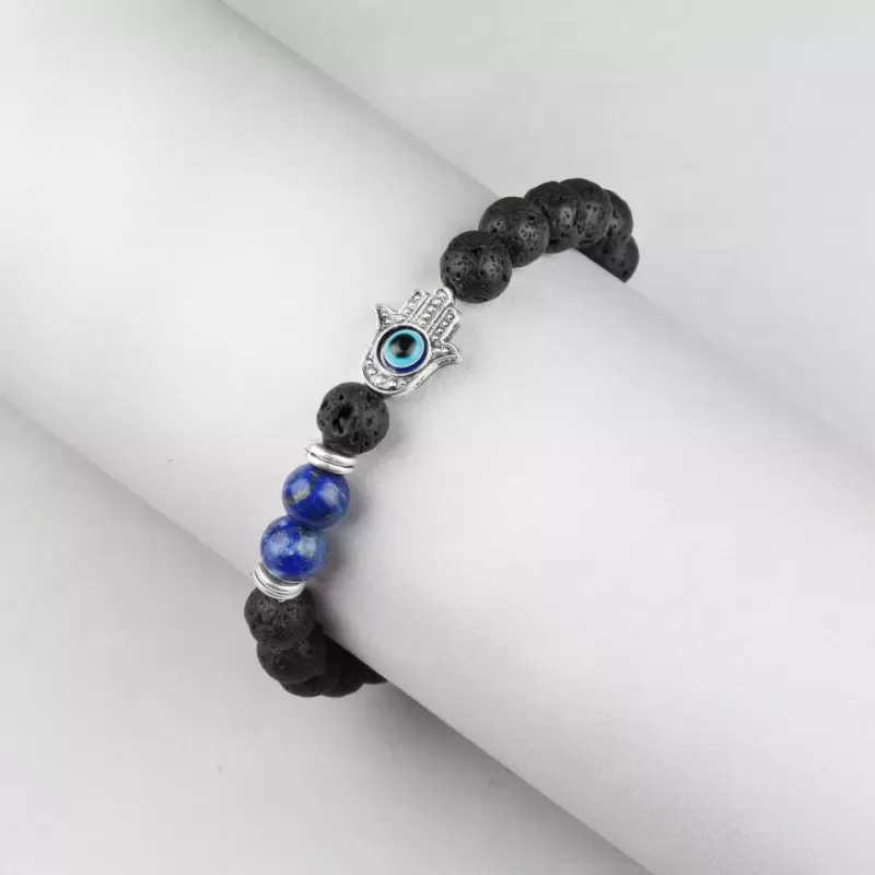 Браслет Everiot STB-MJ-1767 из лавы и лазурита с символом Хамса