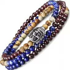 Браслет в три оборота Everiot Select LNS-2025 из лазурита и граната с головой Будды
