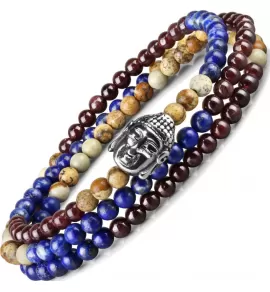 Браслет в три оборота Everiot Select LNS-2025 из лазурита и граната с головой Будды