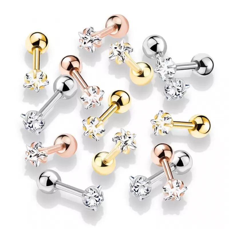 Микроштанга для пирсинга хеликса, хряща уха 1,2 мм PiercedFish JA07, серьга из стали с фианитом в форме звезды