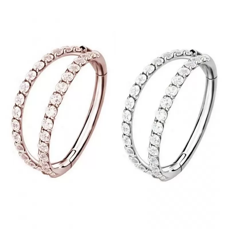 Двойное кольцо кликер из стали c фианитами PiercedFish PC73 серьга для пирсинга септума, трагуса и хеликса, брови, губ, сосков, пупка, розовое золото