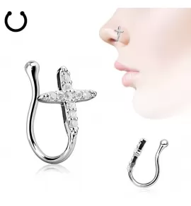 Серьга пирсинг-обманка (клипса) в крыло носа PiercedFish NOCL15 в форме креста с фианитами