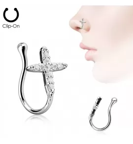 Серьга пирсинг-обманка (клипса) в крыло носа PiercedFish NOCL15 в форме креста с фианитами