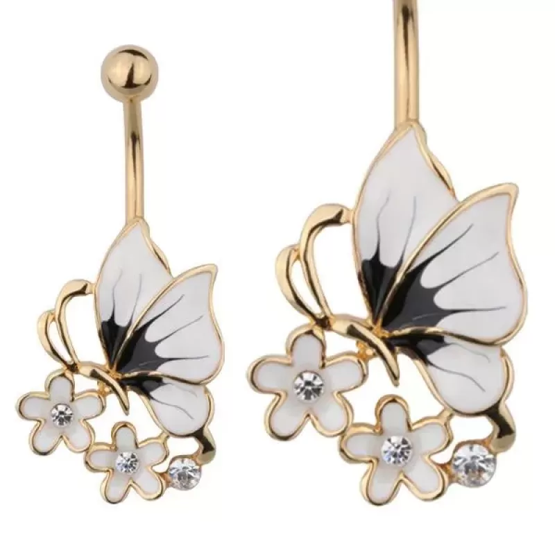 Серьга банан для пирсинга пупка Everiot AAB-56TBBU с бабочкой и цветами