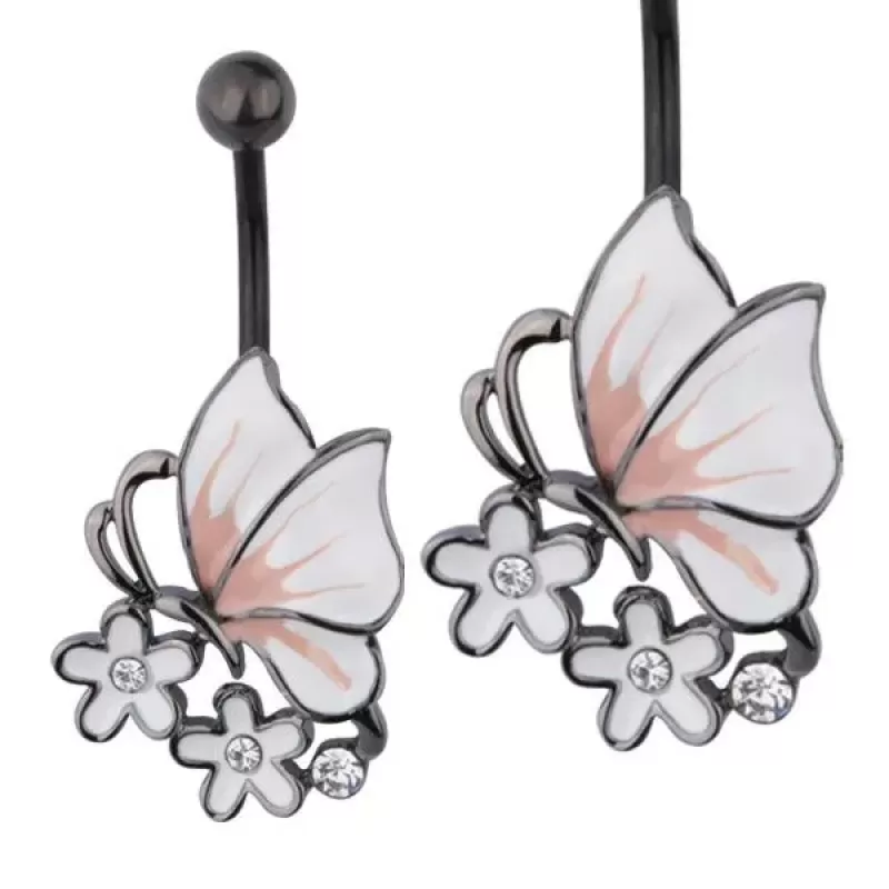 Серьга банан для пирсинга пупка Everiot AAB-56TBBU с бабочкой и цветами