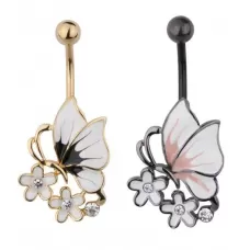 Серьга банан для пирсинга пупка Everiot AAB-56TBBU с бабочкой и цветами