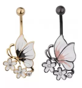 Серьга банан для пирсинга пупка Everiot AAB-56TBBU с бабочкой и цветами