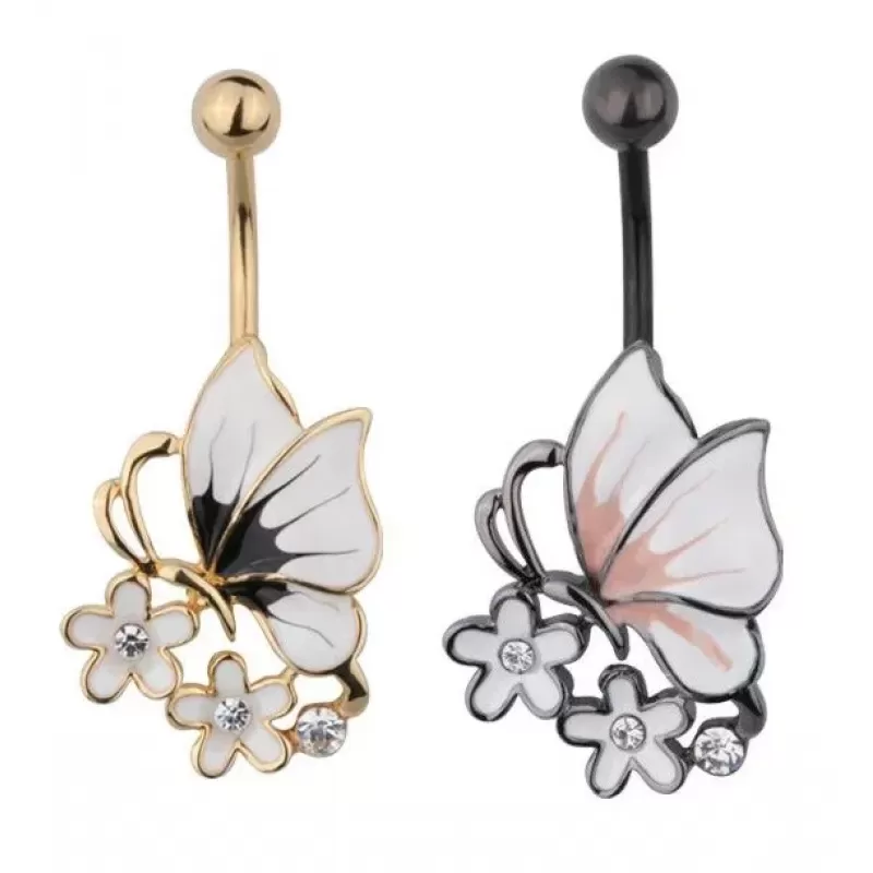 Серьга банан для пирсинга пупка Everiot AAB-56TBBU с бабочкой и цветами