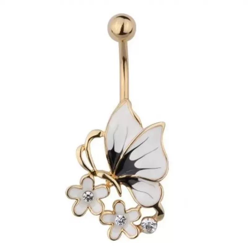 Серьга банан для пирсинга пупка Everiot AAB-56TBBU с бабочкой и цветами