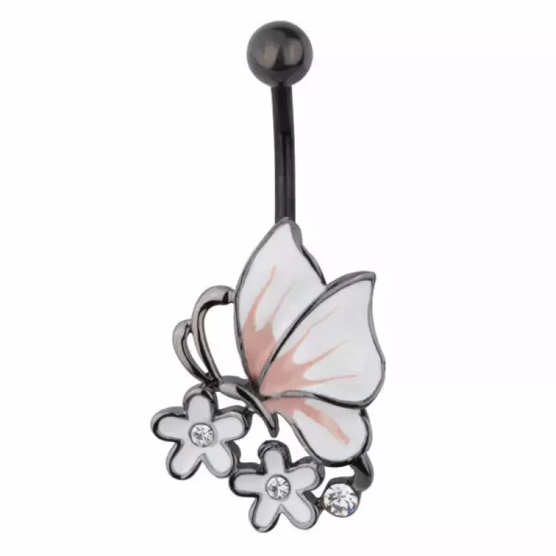 Серьга банан для пирсинга пупка Everiot AAB-56TBBU с бабочкой и цветами