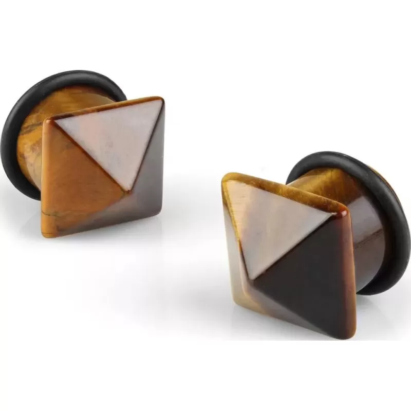 Плаг в ухо "Пирамида" из камня тигровый глаз PiercedFish PST3-06-02-9/16