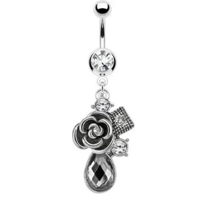 Серьга для пирсинга пупка PiercedFish NO-NAL13773 с розой и фианитами