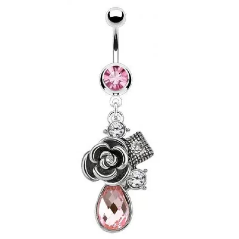 Серьга для пирсинга пупка PiercedFish NO-NAL13773 с розой и фианитами
