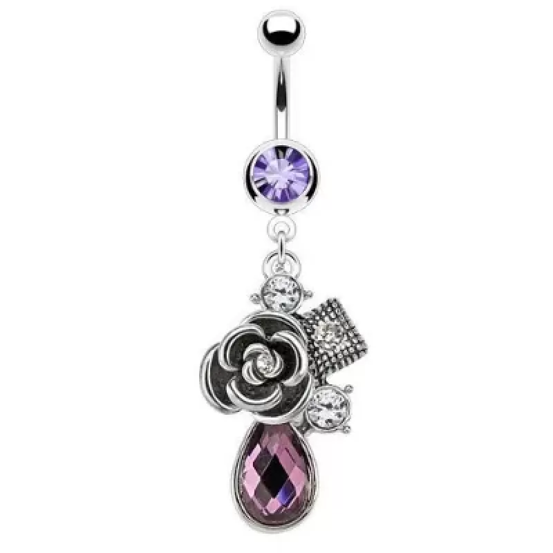 Серьга для пирсинга пупка PiercedFish NO-NAL13773 с розой и фианитами