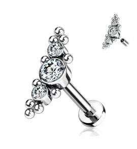 Стальная серьга лабрет для пирсинга губ или хряща уха PiercedFish LS33 накрутка кластер с фианитами