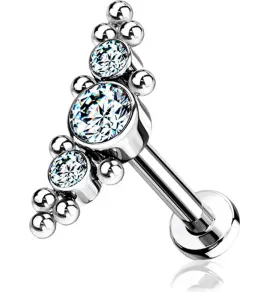 Стальная серьга лабрет для пирсинга губ или хряща уха PiercedFish LS33 накрутка кластер с фианитами